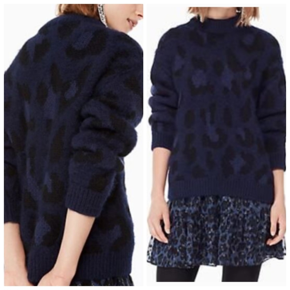 Kate Spade Wool Alpaca Blend Sweater Leopard Cheetah Blue Size S